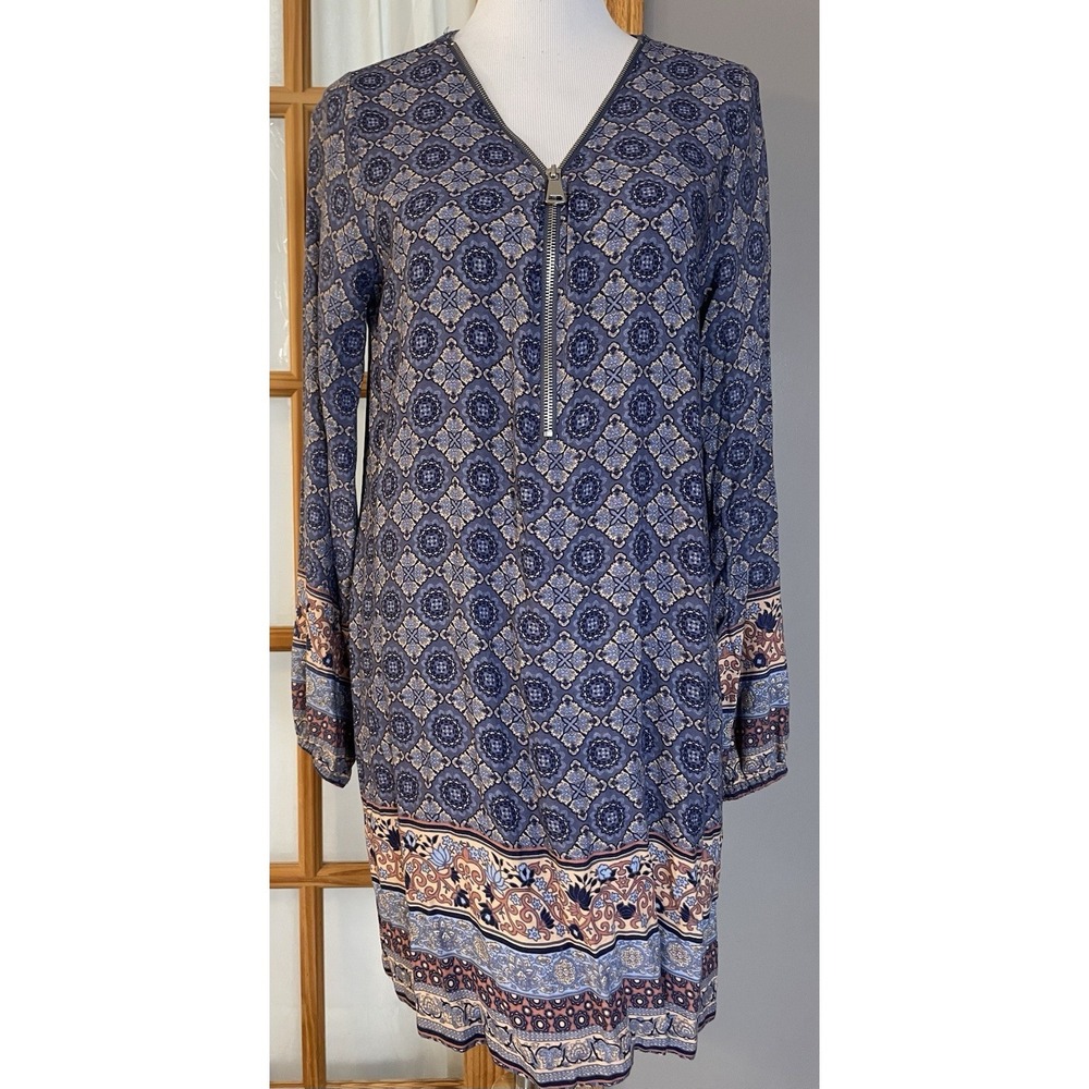 Floral Ling Sleeve Mini Dress Womens Sz L Purple Blue V Neck Career Boho Cottage